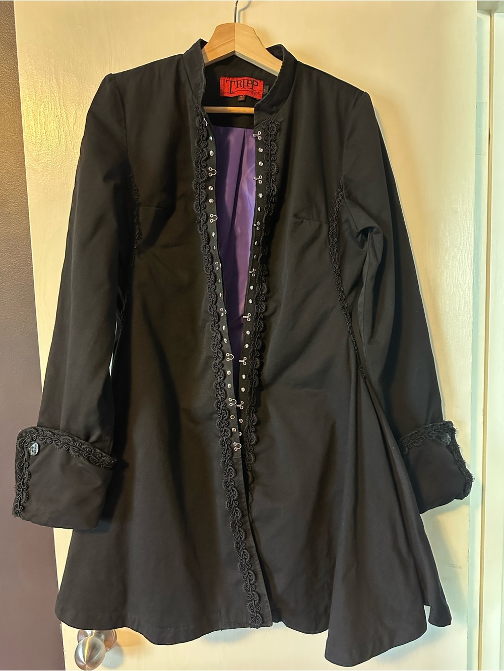 Tripp NYC Black Trench Coat with Purple Lining